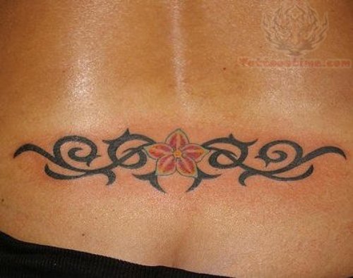 Lowerback Tribal And Flower Tattoo For Girls